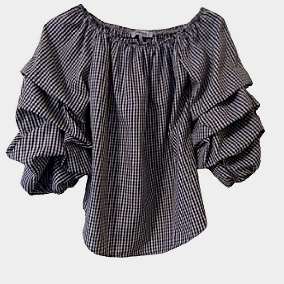 KONTROL Checkered Off the Shoulder Puff Sleeve Top Size Small - Picture 3 of 7